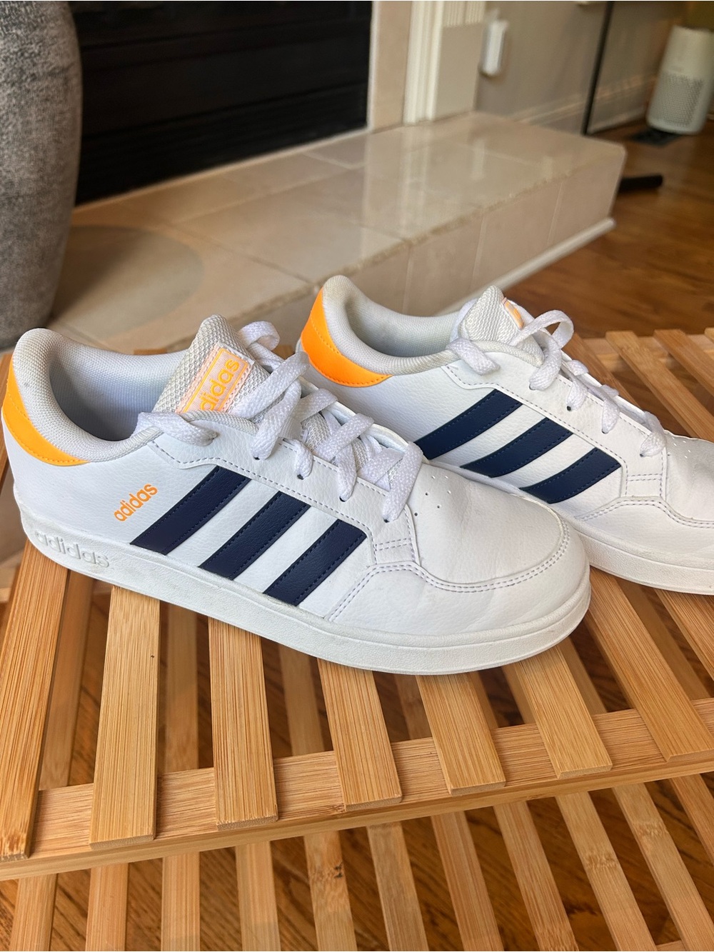 *can’t ship until 05/16* Adidas White Sneakers with Navy Stripes and Orange Heel